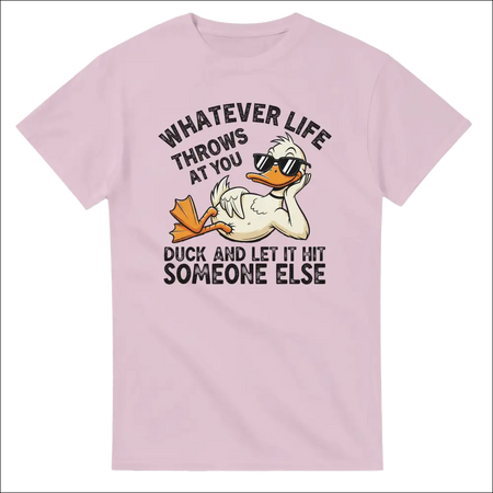 Light pink unisex t-shirt with cartoon duck in sunglasses and funny quote