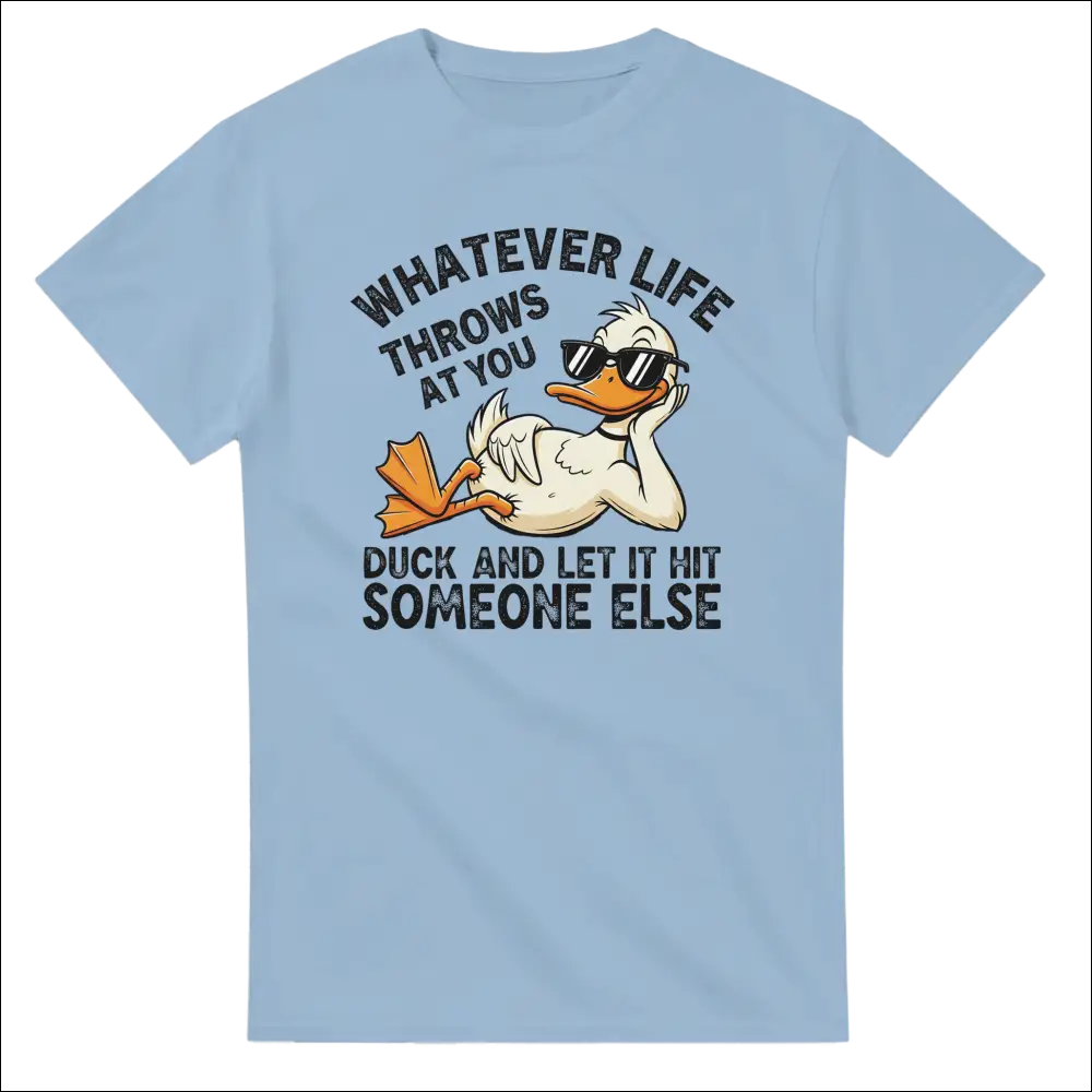 Light blue cotton t-shirt with cartoon duck in sunglasses and funny phrase