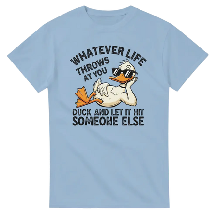 Light blue cotton t-shirt with cartoon duck in sunglasses and funny phrase