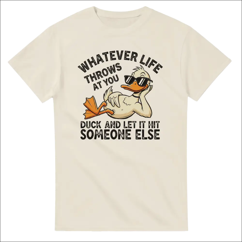 Cream-colored cotton t-shirt with cartoon duck in sunglasses and funny phrase