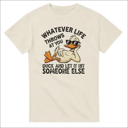 Cream-colored cotton t-shirt with cartoon duck in sunglasses and funny phrase