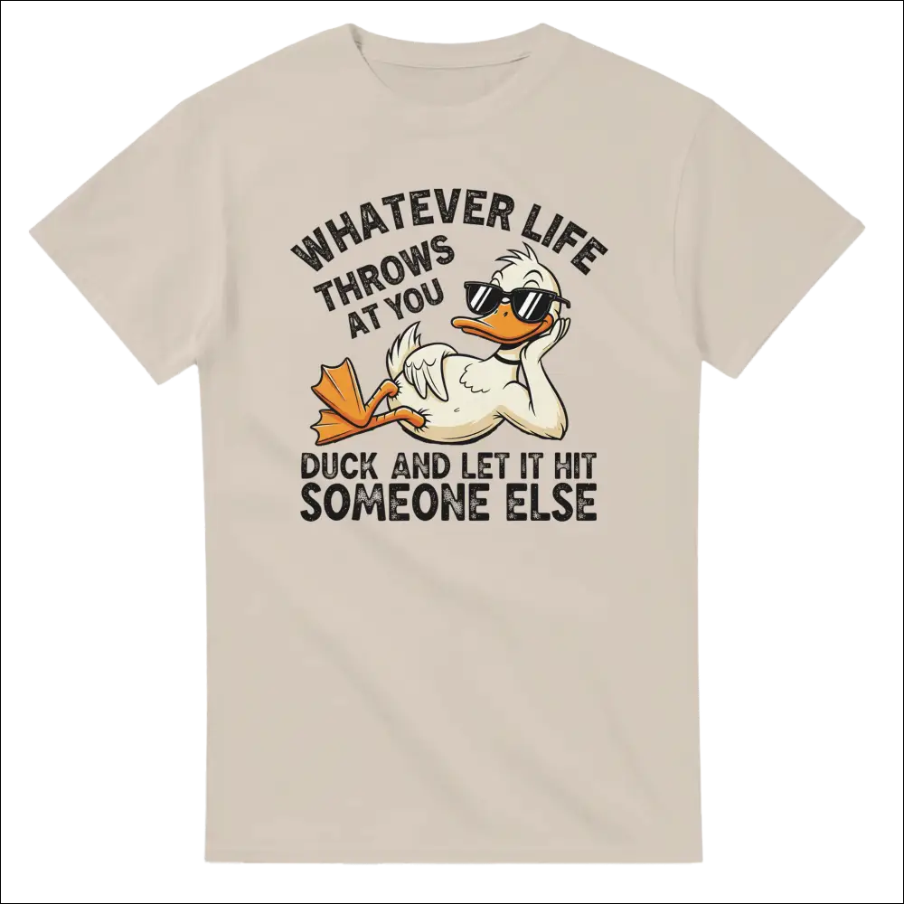 Beige unisex heavy cotton t-shirt with cartoon duck in sunglasses and quote
