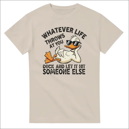 Beige unisex heavy cotton t-shirt with cartoon duck in sunglasses and quote