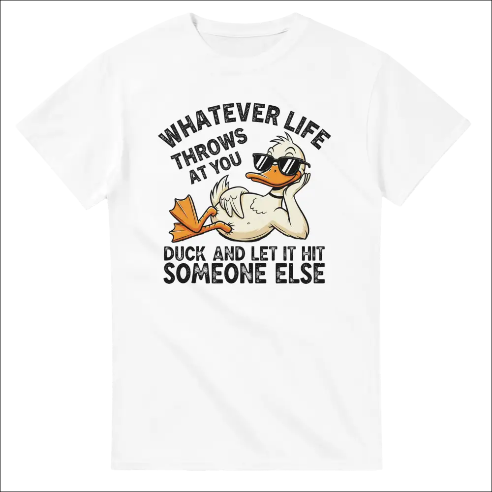 White cotton t-shirt with cartoon duck in sunglasses and funny quote