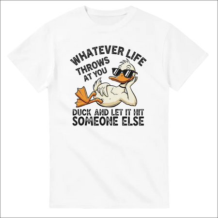 White cotton t-shirt with cartoon duck in sunglasses and funny quote