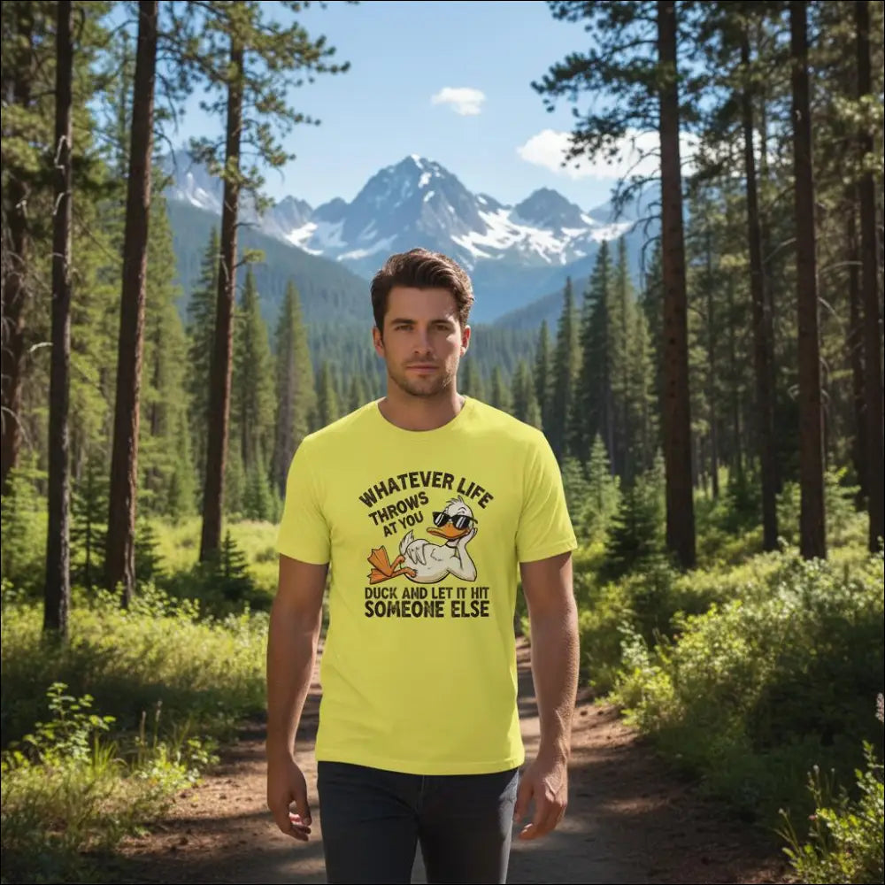 Bright yellow unisex t-shirt with cartoon duck in sunglasses and fun quote