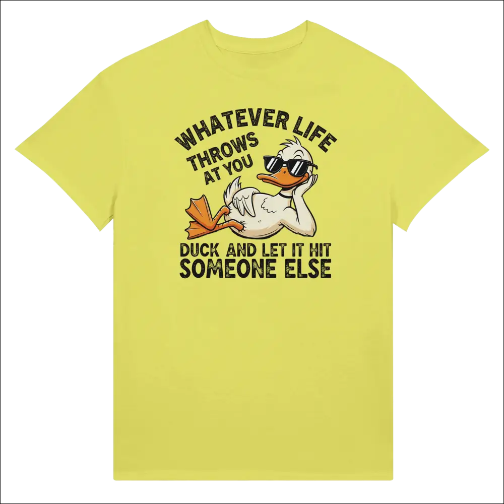 Bright yellow unisex t-shirt with cartoon duck in sunglasses and quip text