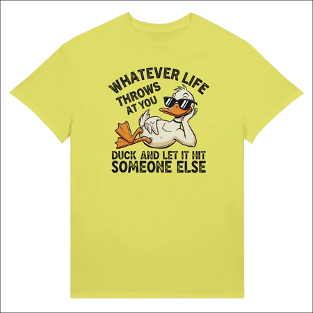 Bright yellow unisex t-shirt with cartoon duck in sunglasses and quip text