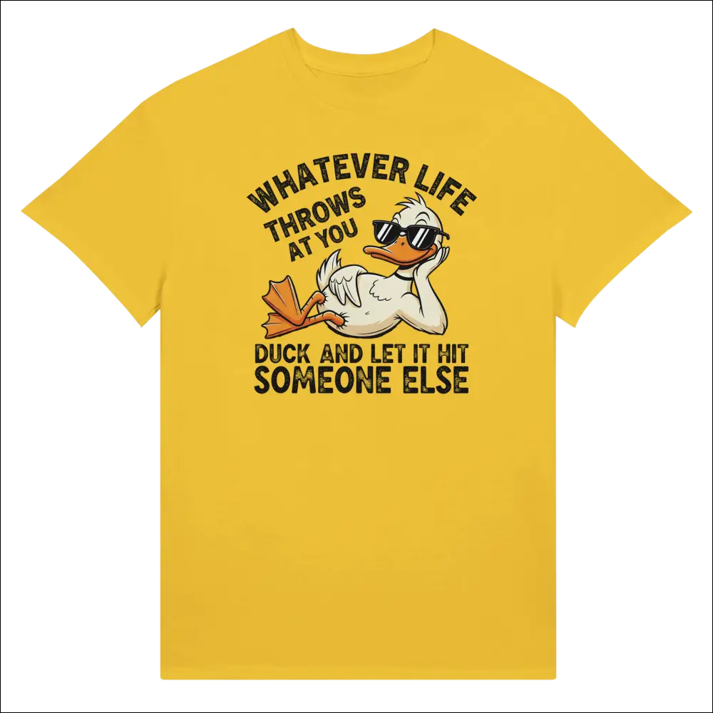 Yellow unisex t-shirt with cartoon duck in sunglasses and funny quote