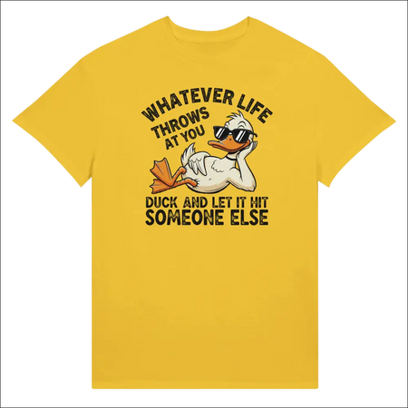 Yellow unisex t-shirt with cartoon duck in sunglasses and funny quote