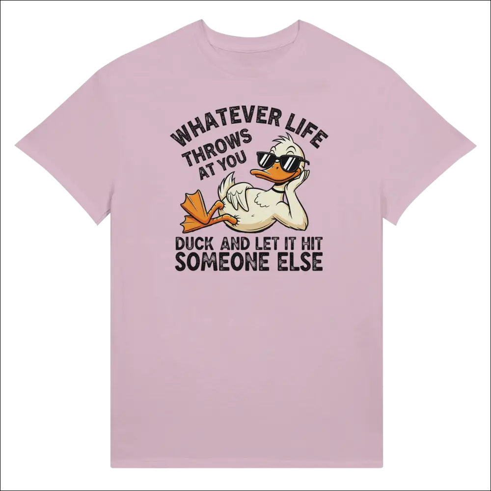 Light pink unisex t-shirt with cartoon duck in sunglasses and humorous text
