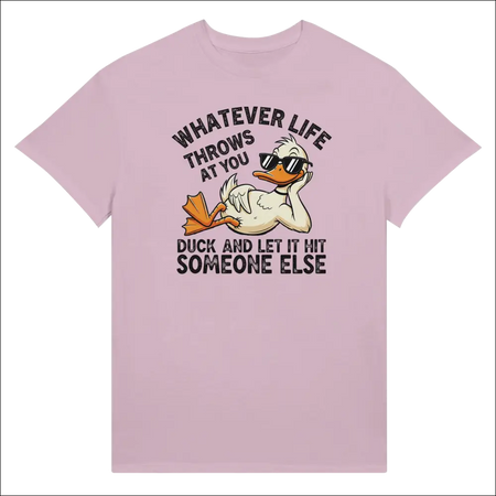 Light pink unisex t-shirt with cartoon duck in sunglasses and humorous text