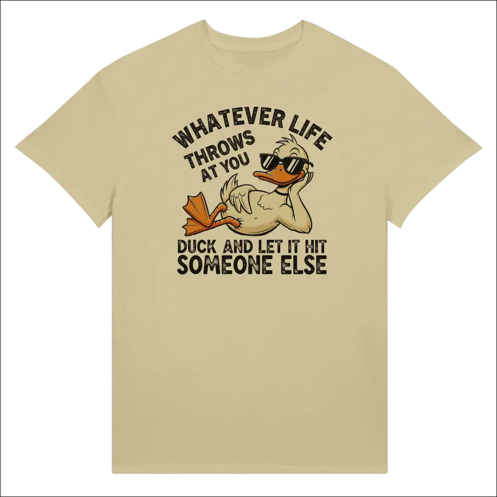 Cream-colored cotton t-shirt with cartoon duck in sunglasses and funny phrase