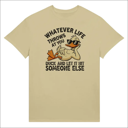 Cream-colored cotton t-shirt with cartoon duck in sunglasses and funny phrase