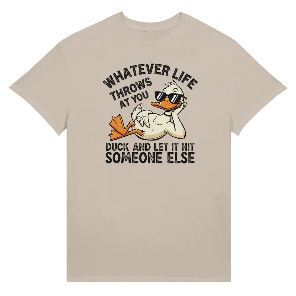 Beige unisex t-shirt with cartoon duck in sunglasses and quip text