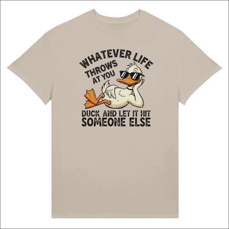 Beige unisex t-shirt with cartoon duck in sunglasses and quip text