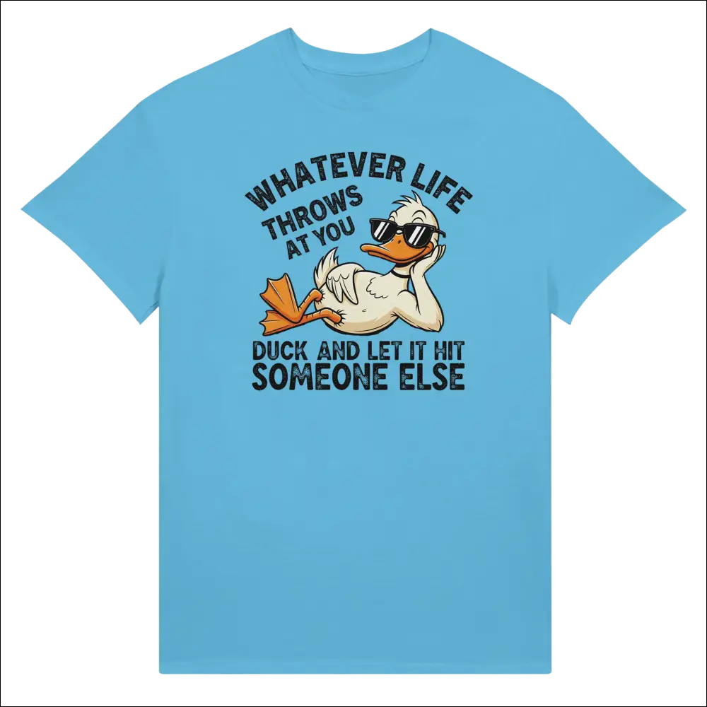 Light blue unisex t-shirt with cartoon duck in sunglasses and funny quote