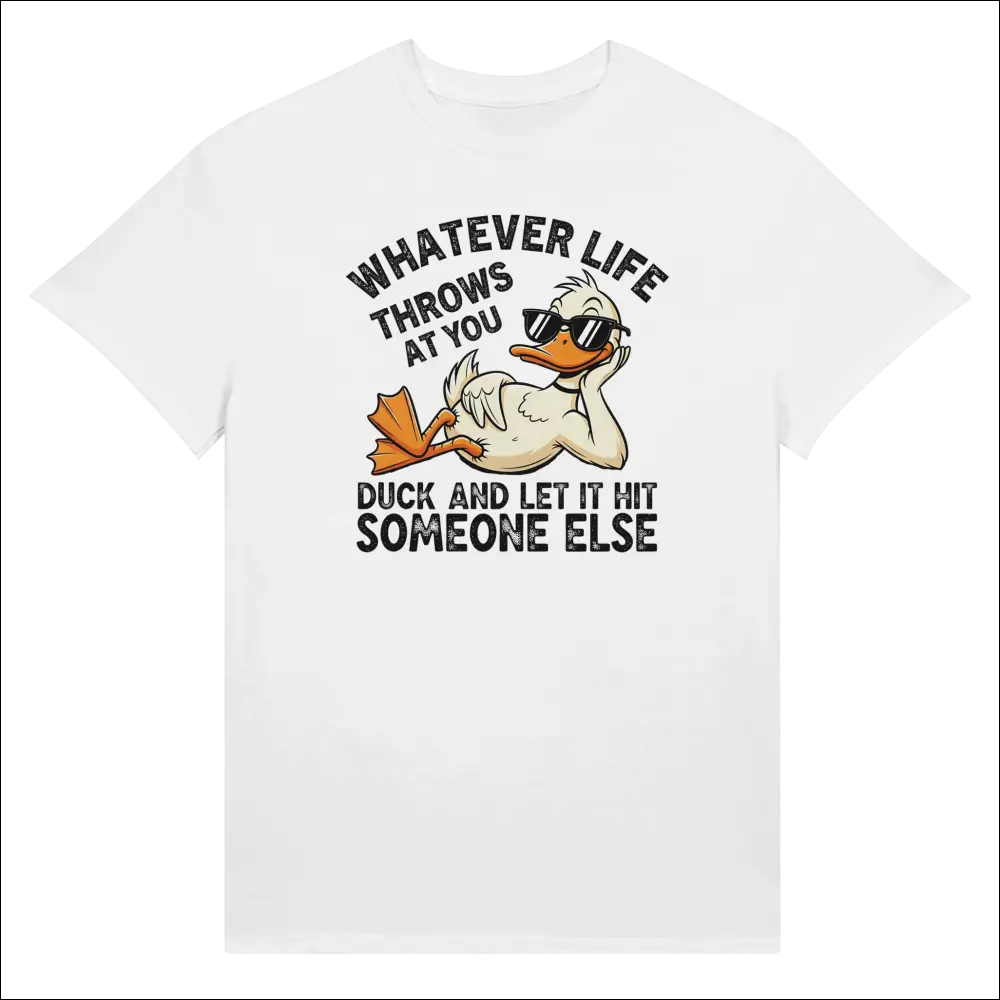 White cotton unisex t-shirt with cartoon duck in sunglasses and funny quote