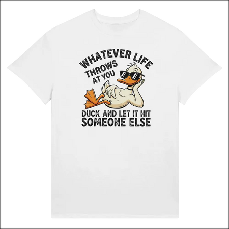 White cotton unisex t-shirt with cartoon duck in sunglasses and funny quote