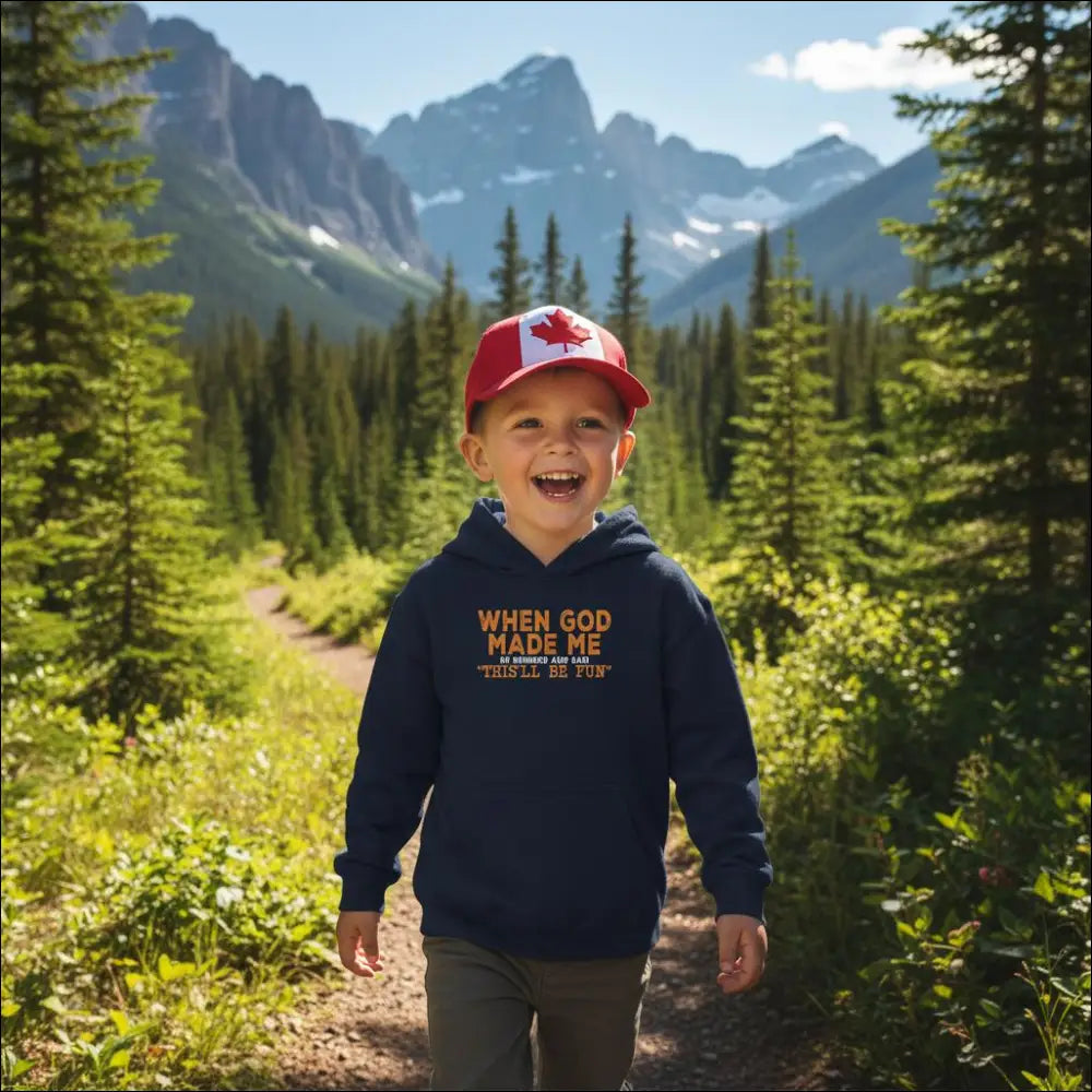 Navy blue kids hoodie with orange When God Made Me text and red Canadian flag cap