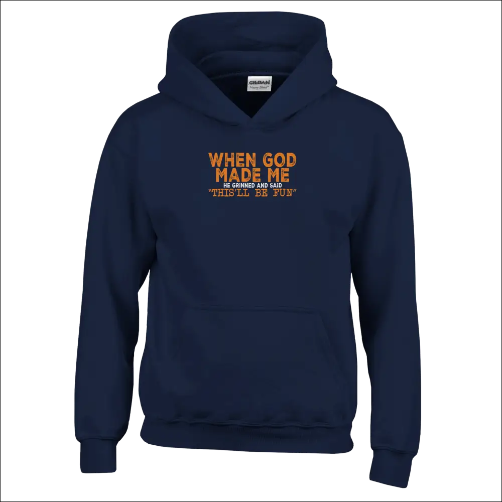 Navy blue kids hoodie with orange When God Made Me embroidery