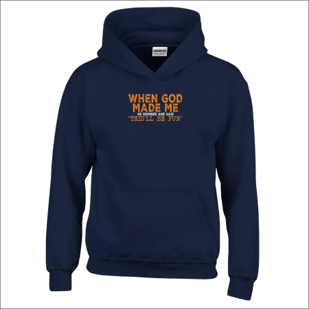 Navy blue kids hoodie with orange When God Made Me embroidery
