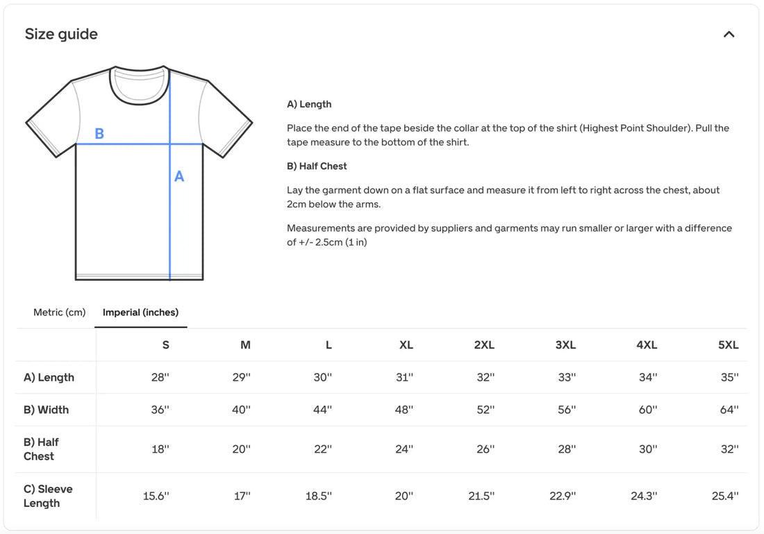 White t-shirt with a simple crew neck and short sleeves, featuring measurement guidelines for sizing across various lengths.