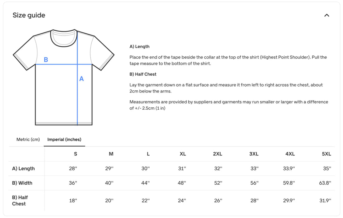 White t-shirt with a simple crew neck and short sleeves, featuring measurement guidelines for sizing.