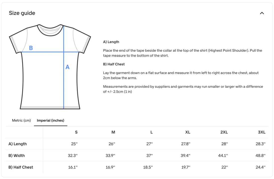 White t-shirt with a simple crew neck and short sleeves, displayed in a size guide chart.