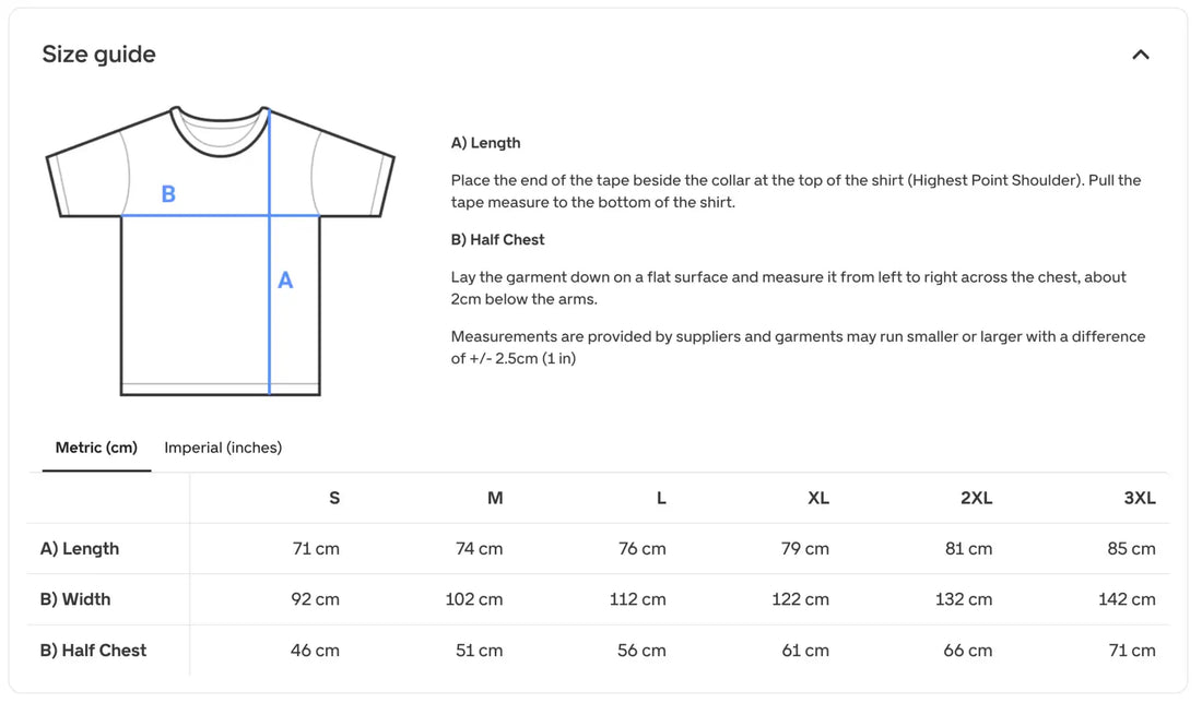 White t-shirt size guide chart with measurement instructions and a table of sizes in metric and imperial units.