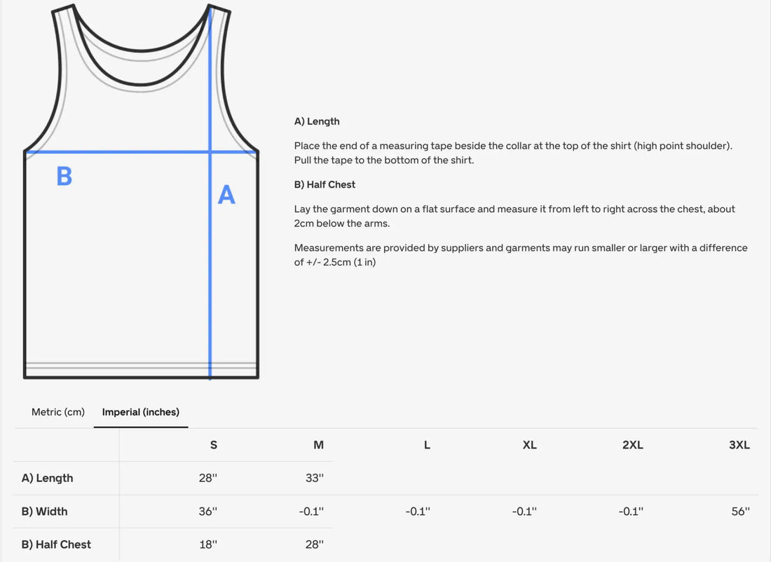 White tank top with measurement guide and size chart