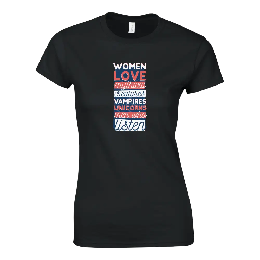 Black women’s t-shirt with colorful mythical creatures text design