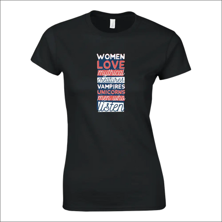 Black women’s t-shirt with colorful mythical creatures text design