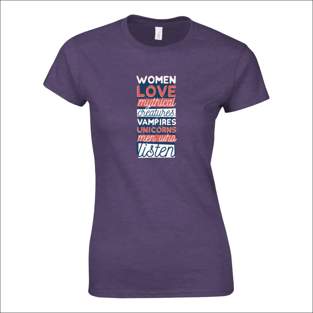 Purple womens t-shirt with Women Love Mythical Creatures design