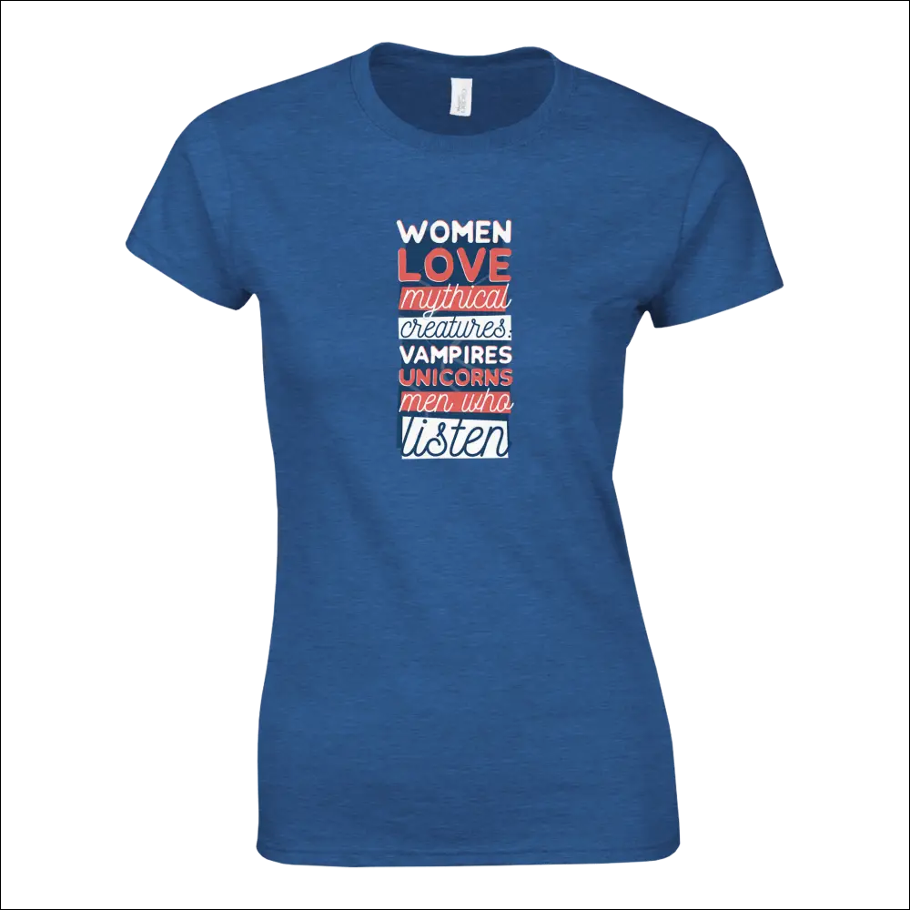 Royal blue cotton t-shirt with women love mythical creatures text design