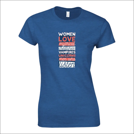Royal blue cotton t-shirt with women love mythical creatures text design