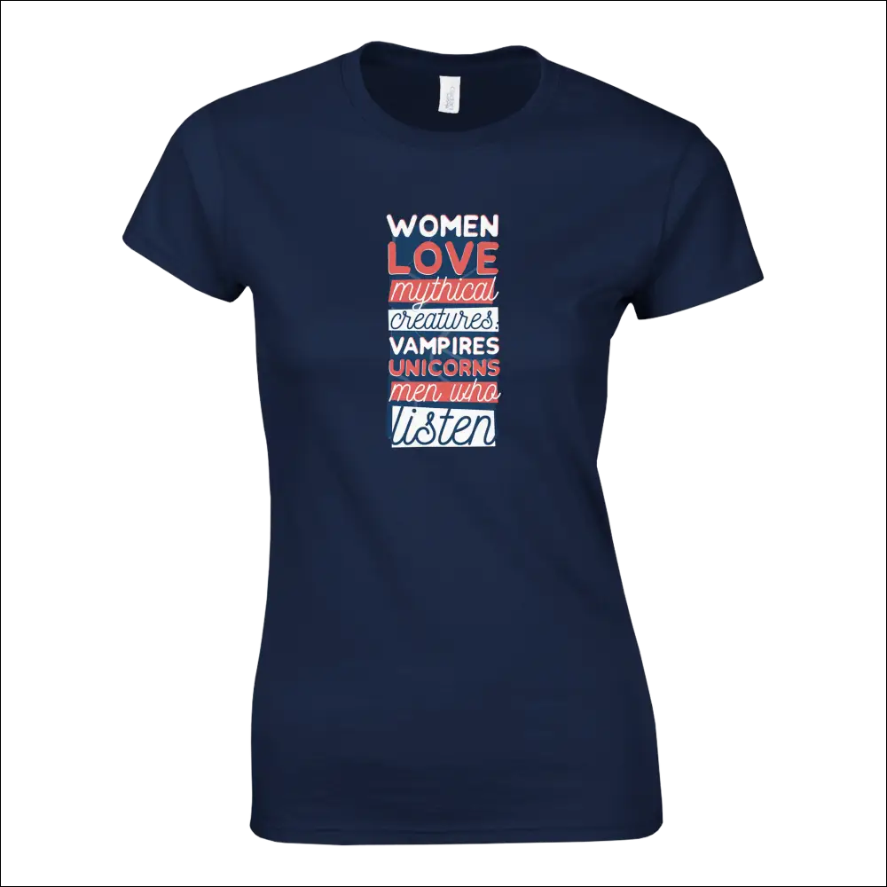 Navy blue womens t-shirt with mythical creatures text in white, pink, gray