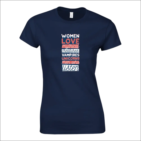 Navy blue womens t-shirt with mythical creatures text in white, pink, gray