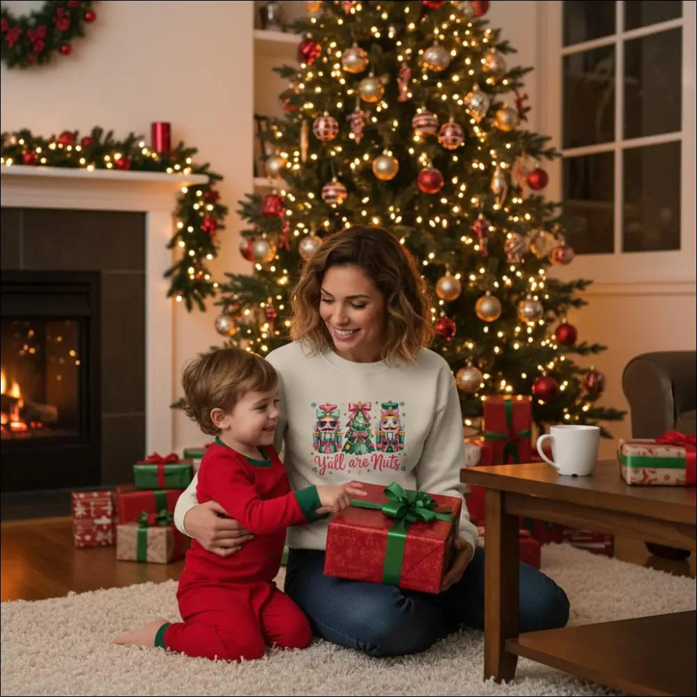Y’all Are Nuts unisex crewneck sweatshirt with nutcracker and tree design
