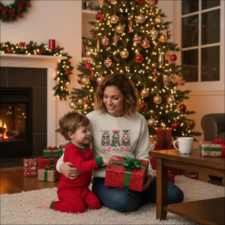 Y’all Are Nuts unisex crewneck sweatshirt with nutcracker and tree design