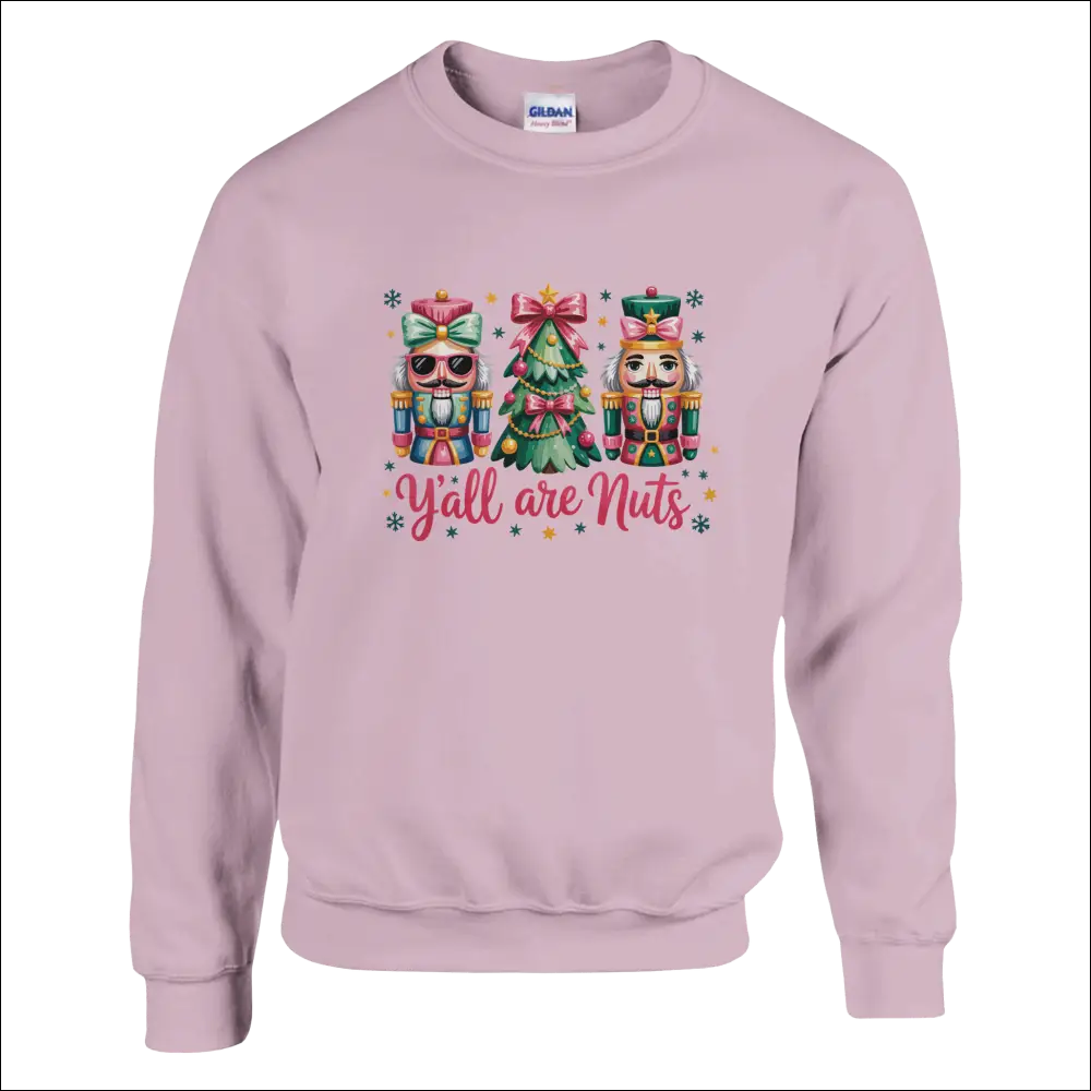 Y’all Are Nuts pink Gildan Christmas sweatshirt with nutcrackers and tree