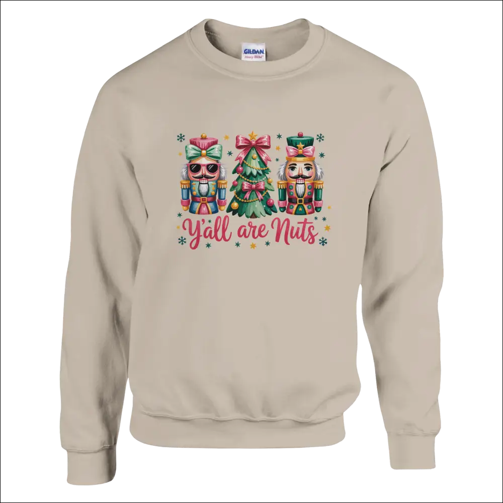 Y’all Are Nuts Christmas sweatshirt with nutcrackers and tree graphic