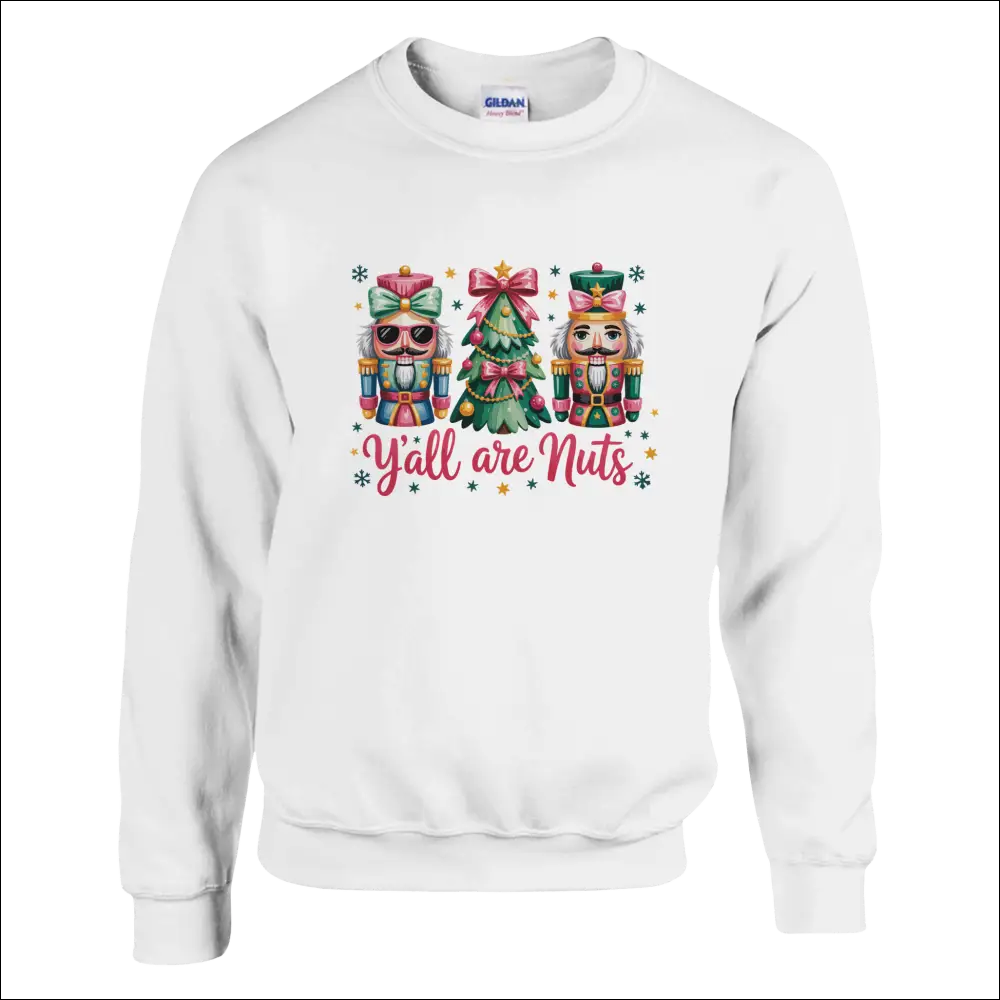 White Y’all Are Nuts nutcracker Christmas tree crewneck sweatshirt