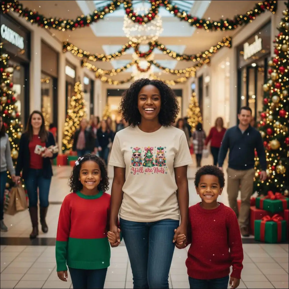 Beige unisex crewneck t-shirt with nutcracker, tree, and youre nuts Christmas graphic
