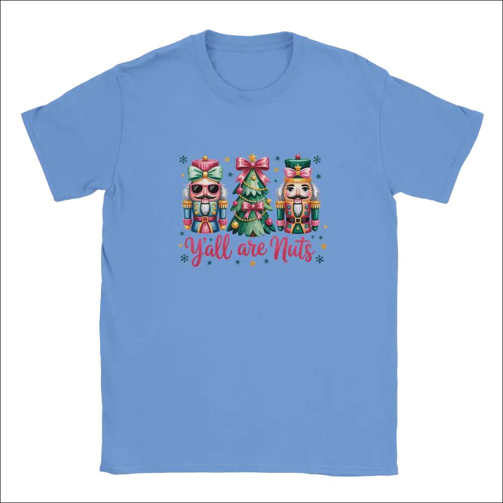 Light blue short-sleeved Y’all Are Nuts Christmas t-shirt with nutcrackers and tree