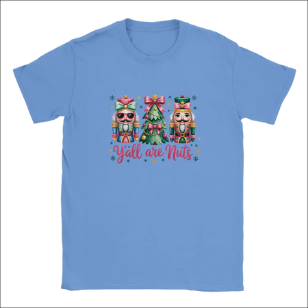 Light blue short-sleeved Y’all Are Nuts Christmas t-shirt with nutcrackers and tree