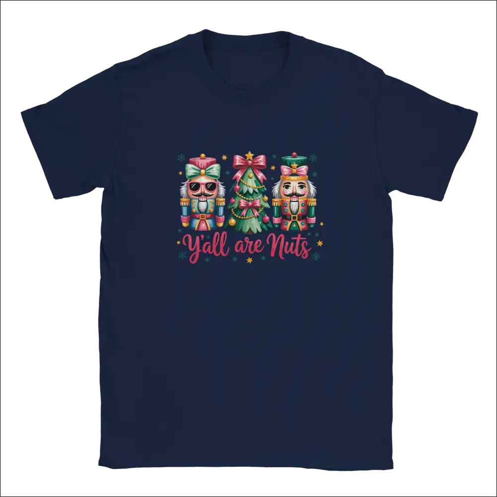 Navy blue short-sleeved Y’all Are Nuts Christmas t-shirt with nutcracker tree design