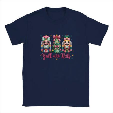 Navy blue short-sleeved Y’all Are Nuts Christmas t-shirt with nutcracker tree design