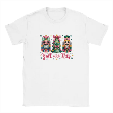 Y’all Are Nuts white unisex crewneck t-shirt with nutcrackers, tree design