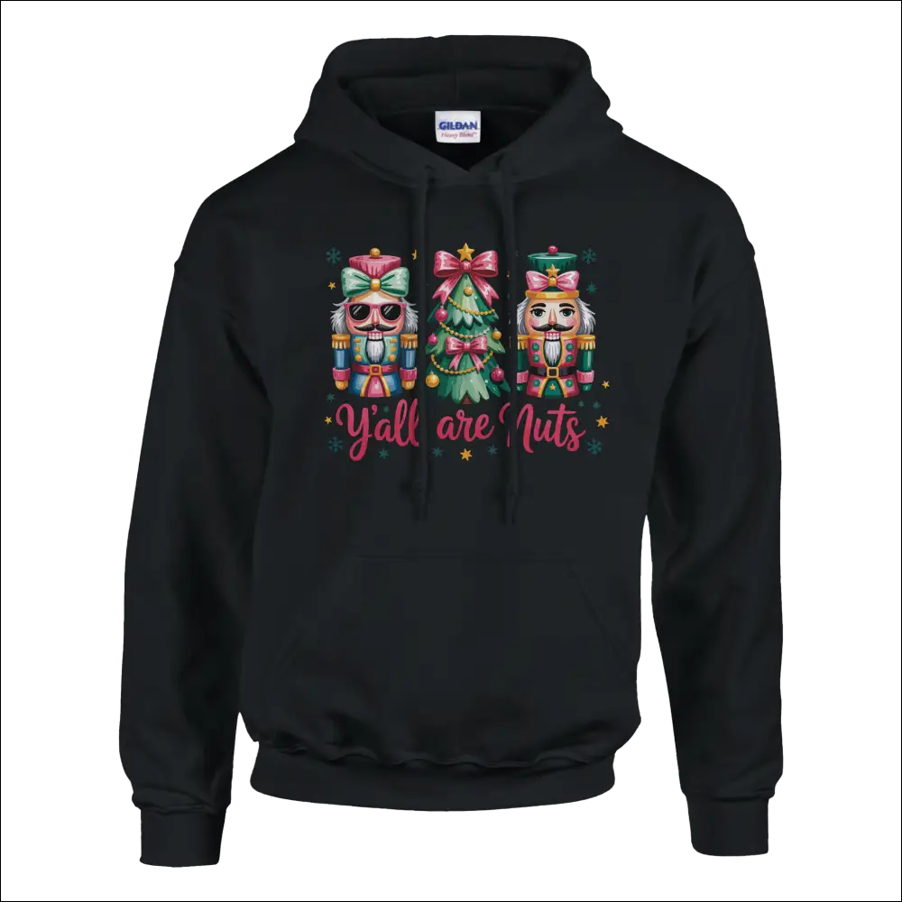 Black Y’all Are Nuts hoodie with nutcrackers, tree, pink script